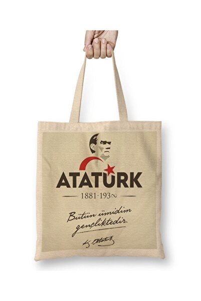 Toyaso Mustafa Kemal Ataturk White Cloth Bag Long Handle Shopping Bag Beach Bag