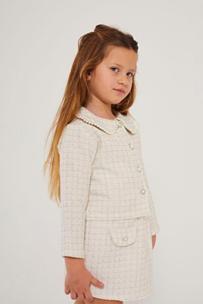 Pinkitokids Costum pentru fetiță din tweed cu detalii perle - bej