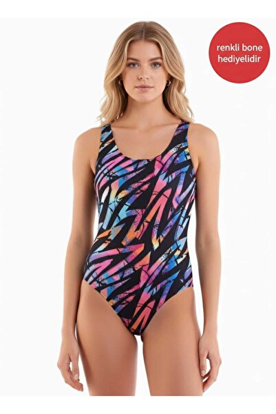 SUERTO Kadın Desenli Yüzücü Mayo, Arka Kısmı Astarlı, İç Kısmı Göğüs Pedli