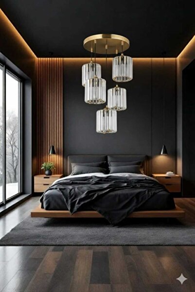 AURA LIGHTING Gold 5'Li Modern Cam Taşlı Sarkıt Avize