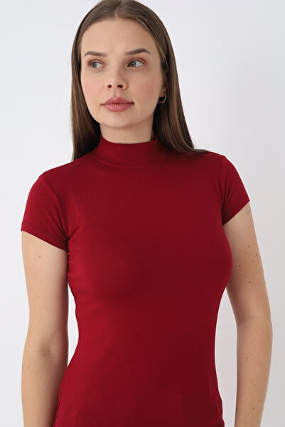 SIR İç Giyim Women's Burgundy Short Sleeve Turtleneck Bodysuit