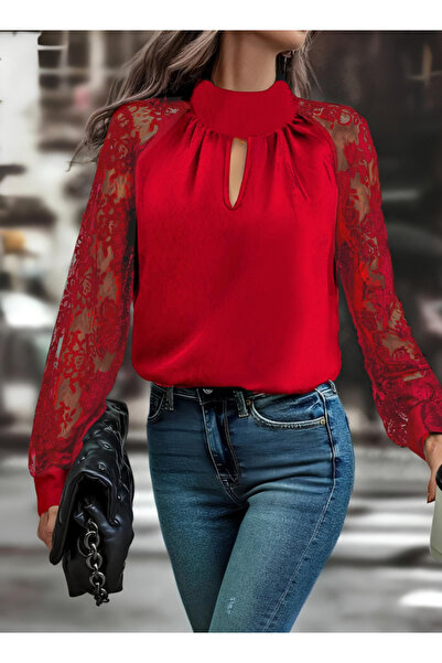 FRESCO SCARFS    Women's Long Sleeve Chest Window Detail Lapel Turtleneck Sleeves Tulle Sandy Blouse