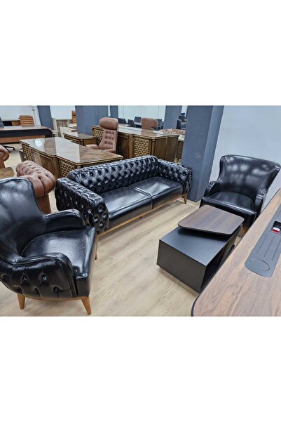 ENG OFİS MOBİLYALARI PULL-UP DERI PARLAK SIYAH BERJERLI CHESTER OTURMA GRUBU