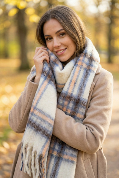 Kapin Plaid Cream Square Patterned Tasseled Thick Warm 40X200 Blanket Winter Scarf Shawl 1270