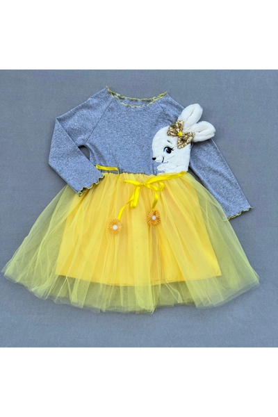 Marsilyan 5-6-7 Years Plush Rabbit Patterned Ribbon Belted Lined Girl's Tutu Dress