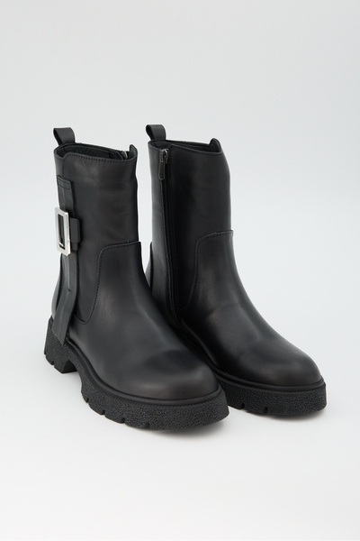 Jande Women's Buckle Zippered Thick Sole Boots – Black Genuine Leather