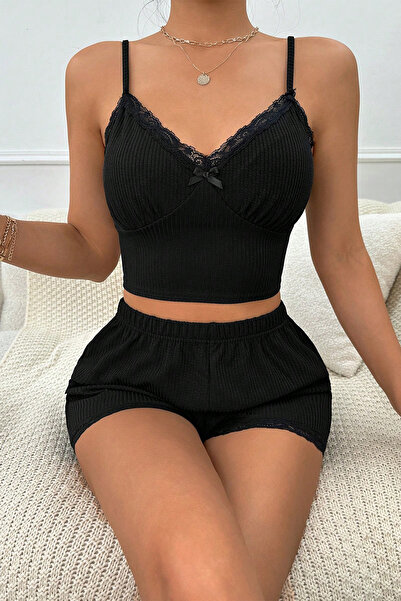 Sofya Passion Black Ribbed Fabric Lace Women's Shorts Pajama Set