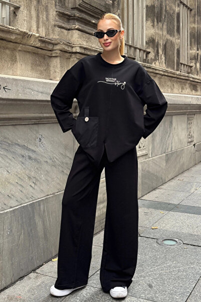 Cool & Sexy Black Pocket Detail 2 Thread Fabric Blouse and Pantalon Bottom Top Set