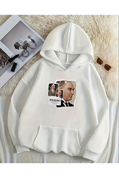 Le Savu Ataturk Printed Oversized Hooded White Colored Sweatshirt