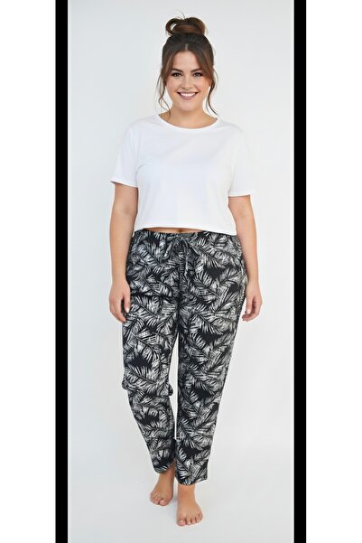noend بنطلون بيجامة نسائي أسود وأبيض بنقشة أوراق الشجر مقاس كبير من الجلد الم...