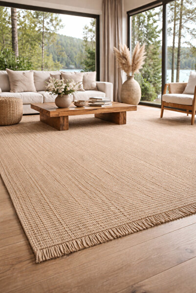 Vog Halı Doha Jüt & Polyester Bej Rengi Kilim | Çift Taraflı Modern Flatweave...