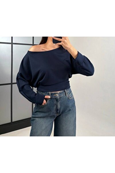 Kayık Yaka Modal Kumaş Lacivert Kadın Bluz