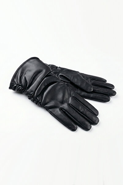 Kapin Büzgülü Suni Deri Kadın Eldiven - Siyah