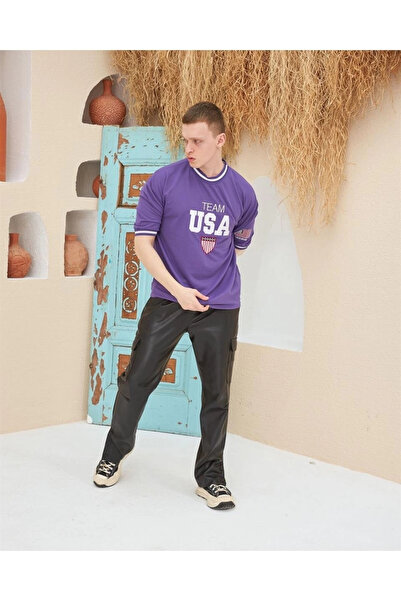 Kayran Clein Men's Embroidered Ribbed Oversize T-shirt - Purple