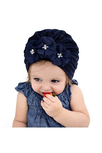 Pure Boutique Navy blue velvet turban hat with appliquéd flowers