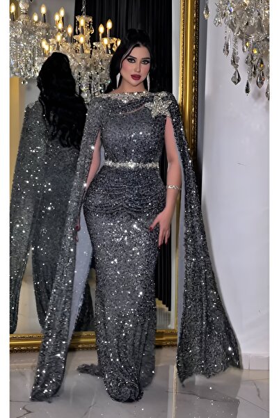 NHMODA Sequin Embroidered Stone Detailed D Draped Evening Dress with Cape Sleeves