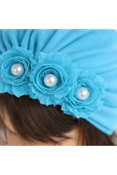 Superbaby Turquoise turban hat with pearl flowers