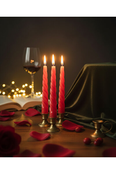 MHT Kırmızı Burgu Mum Seti - 3'lü Paket - Şık Akşam Yemeği ve Dekorasyon Mumu