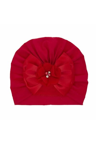 Superbaby Caciulita rosie tip turban cu funda din satin aplicata in fata