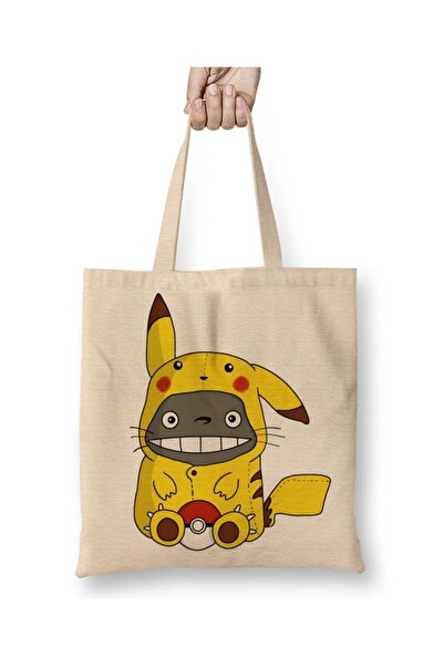 Toyaso Pokemon Go Pikachu Raichu Totoro Miyazaki White Cloth Bag Long Handle Shopping Bag Beach Bag