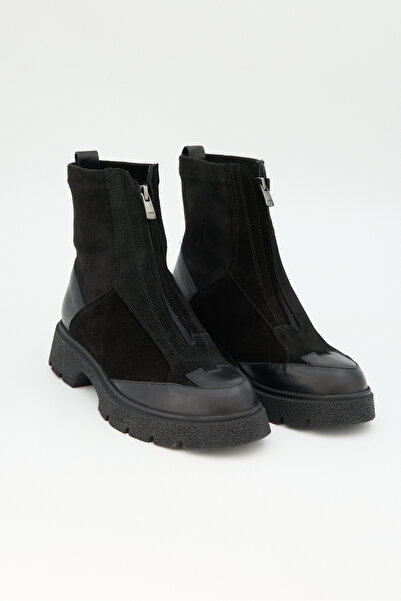 Jande حذاء نسائي أسود من الجلد الطبيعي، جلد الغزال، وتفاصيل مطاطية بسحاب