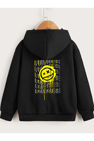 WAFRA Unisex Kids Sweatshirt - Hooded, Emoji Printed, Black