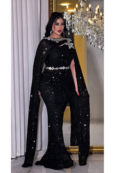 NHMODA Sequin Embroidered Stone Detailed D Draped Evening Dress with Cape Sleeves