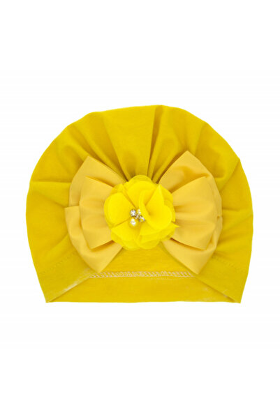 Superbaby Mustard yellow turban hat with satin bow applied to the front