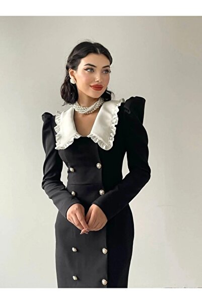 Dilek Vardar Black Women's White Peter Pan collar Button Pencil Midi Dress