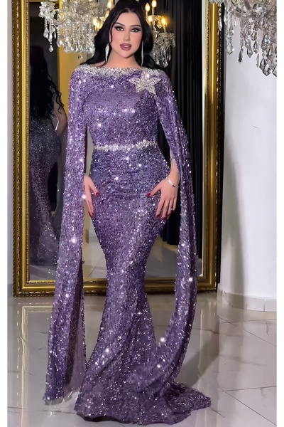 NHMODA Sequin Embroidered Stone Detailed D Draped Evening Dress with Cape Sleeves