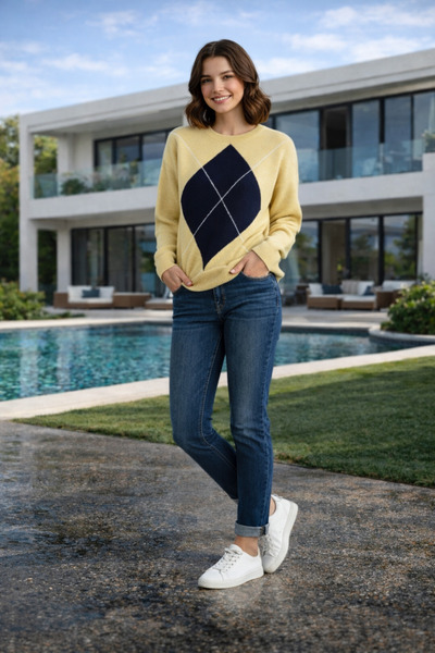 Gülce moda Women's Oversized Diamond Pattern Thick Winter Knitwear Sweater