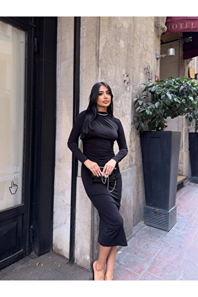 Cool & Sexy Collar Detail Sandy Fabric Dress Black