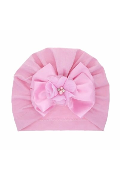 Superbaby Caciulita roz tip turban cu funda din satin aplicata in fata