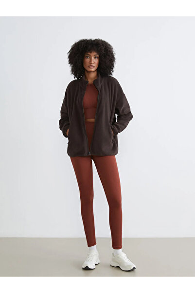 LC Waikiki Brown Stand Collar Women's Fleece Cardigan