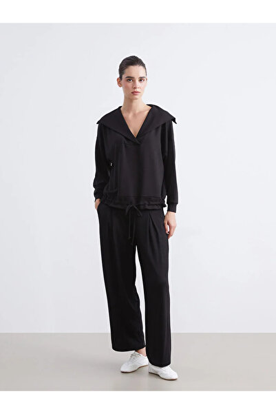 LC Waikiki Black Shawl Collar Lace-Up Blouse