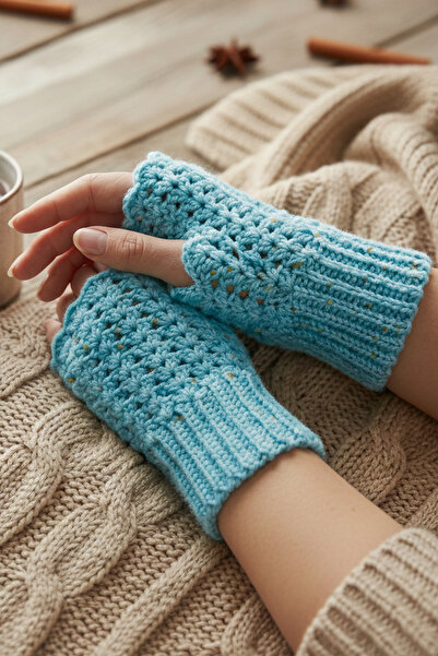 ZEYZON Desenli El Örgüsü Parmaksız Eldiven – Turkuaz Mavisi El Yapımı Tasarım
