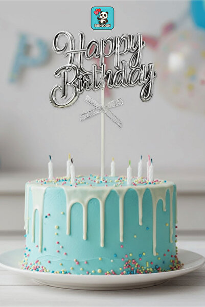 Bunloon Happy Birthday Silver Stick Cake Topper
