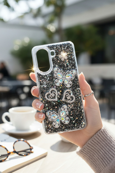 batuteknoloji Poco X7 Pro Kelebek ve Kalp Kabartmalı Simli Taşlı BTU Şeffaf S...