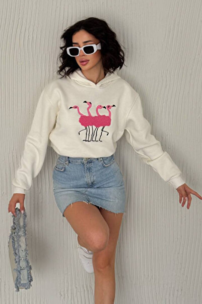 Balenbi 3 Thread Inside Fleece Flamingo Embroidered Ka Hooded Sweatshirt 1159