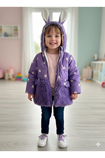 TinyTrend Kız Çocuk Mor Tavşan Kulaklı İçi Kürklü Kapüşonlu Mont