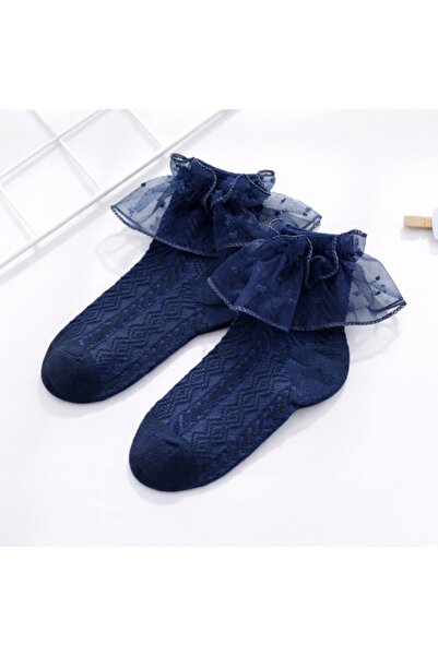 Pure Boutique Navy blue socks with fabric pattern and tulle ruffles