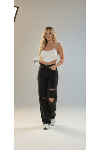 NWC Lina 90's Stretch Fabric Ripped Loose Women's Black Super High Waist Wide...