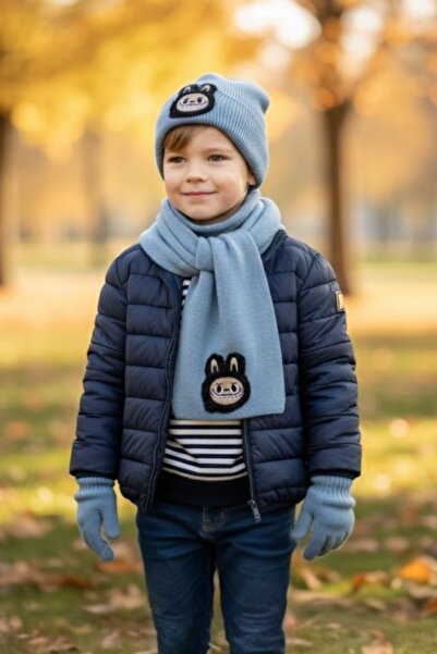 AYDINER TEKSTİL Labubu Patterned Scarf Beanie Glove Set Unisex Light Blue (3-...