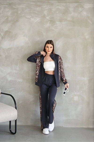 Alfanora Osy Modal Soft Textured Fabric Hooded Leopard Pattern Zippered Suit ...