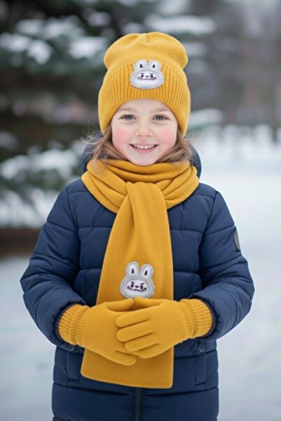 AYDINER TEKSTİL Labubu Patterned Scarf, Beanie, Glove Set Unisex Yellow (3-8 ...