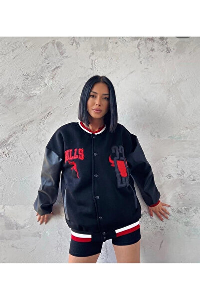 özssa Women's Embroidered Sleeves Leather Oversize College Jacket - Black