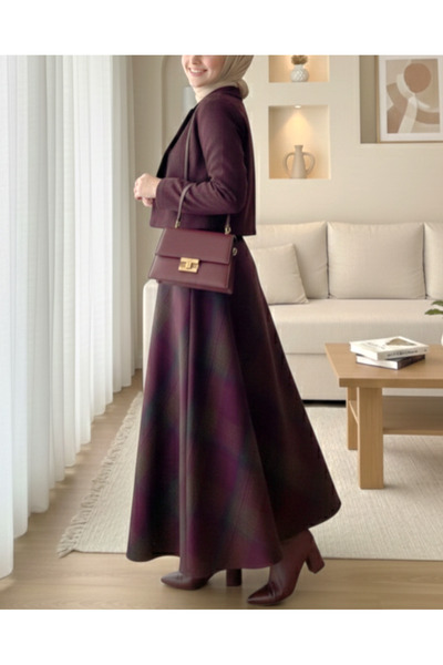 Adataque Ekose Desenli Yanı Fermuarlı Kaşe Çan Etek -Mürdüm