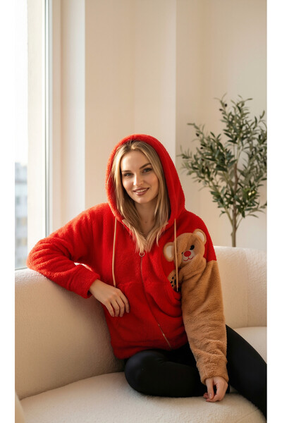 NESHA GROUP Kadın Kapüşonlu Fermuarlı Cepli Welsoft Peluş Teddy Polar Mont Haki