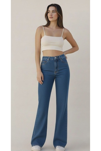 Trn JNS Lissa 90's material elastic Casual Blue Blugi de damă Super talie îna...