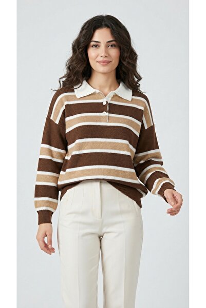 kiwi giyim Polo Yaka Düğmeli Çizgili Yumuşak Dokulu Oversize Kadın Triko Kaza...